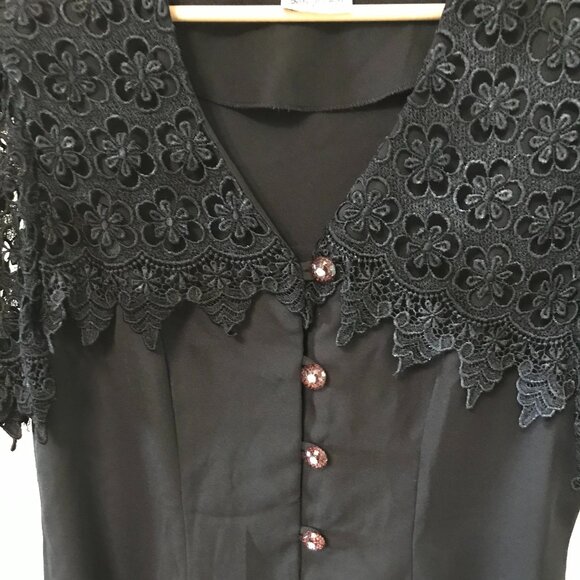 San Julian Tunic Blazer: Vintage Crocheted Lace Collar Crystal Buttons Black M - Picture 4 of 11